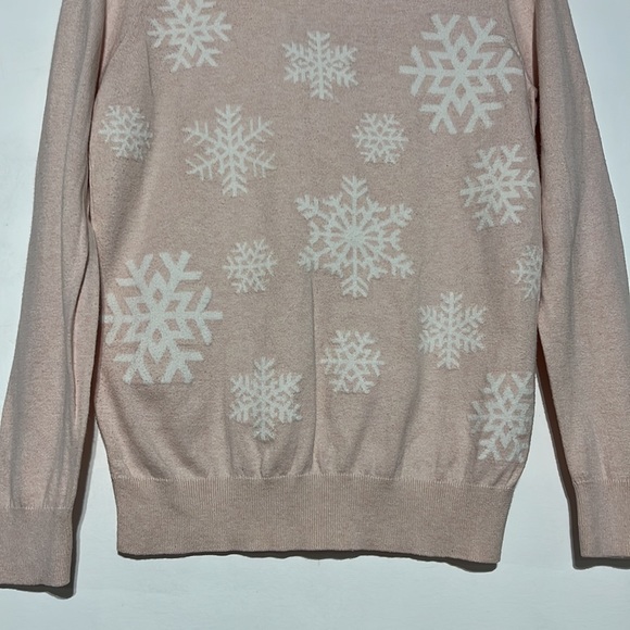 LOFT Blush Pink White Snowflake Ribbed Detail Crewneck Sweater Size S - Picture 4 of 7